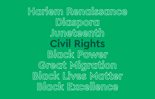 绿色背景，白色概述的关键词文本在一个列表:哈莱姆文艺复兴，散居，六月，民权(黑色文本)，黑人权力，大移民，黑人生命重要，黑人卓越