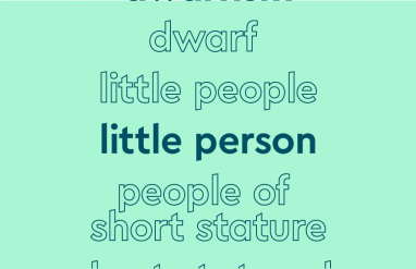 单词列表以轮廓字体显示，中心单词以蓝绿色粗体显示，浅蓝绿色背景:“侏儒症，侏儒，小人，小人[粗体]，身材矮小的人，身材矮小的人”