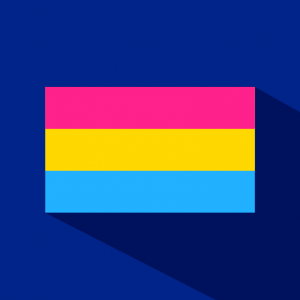 黑色背景与泛性恋旗帜插图(粉红色，黄色和蓝色条纹)