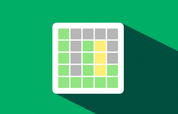 wordle游戏网格与黑色、黄色和绿色的盒子,在绿色背景。