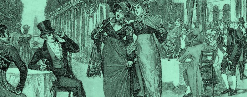 艺术作品的女性在1800年代早期气宇轩昂,题为“情郎和摄政时期的美女”的亨利·吉拉德Glindoni蓝绿色过滤器。