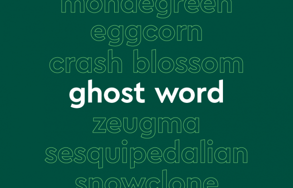 单词列表在白色的轮廓,与中心词在大胆的白色字体,在深绿色背景:“mondegreen、eggcorn崩溃开花,错别字,轭,令人厌倦的,雪”